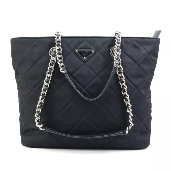 Auth PRADA Quilting Chain Shoulder Bag Black Nylon/Silvertone - Picture 6 of 14